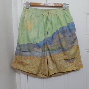 Daily paper van gogh mesuem art wear mens medium beach trunk swim shorts green